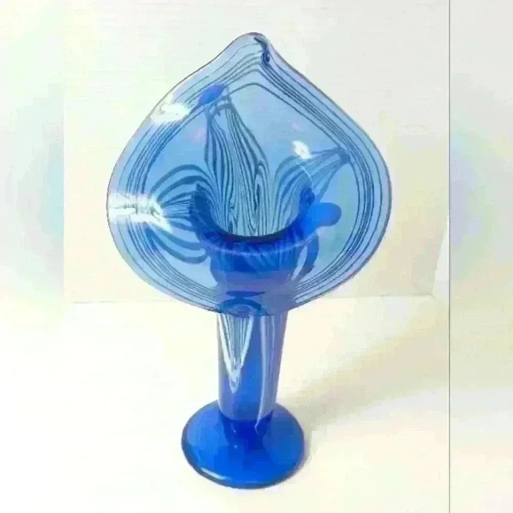 Art Glass Pulpit Vase Beautiful Blue With White Decoration Signed